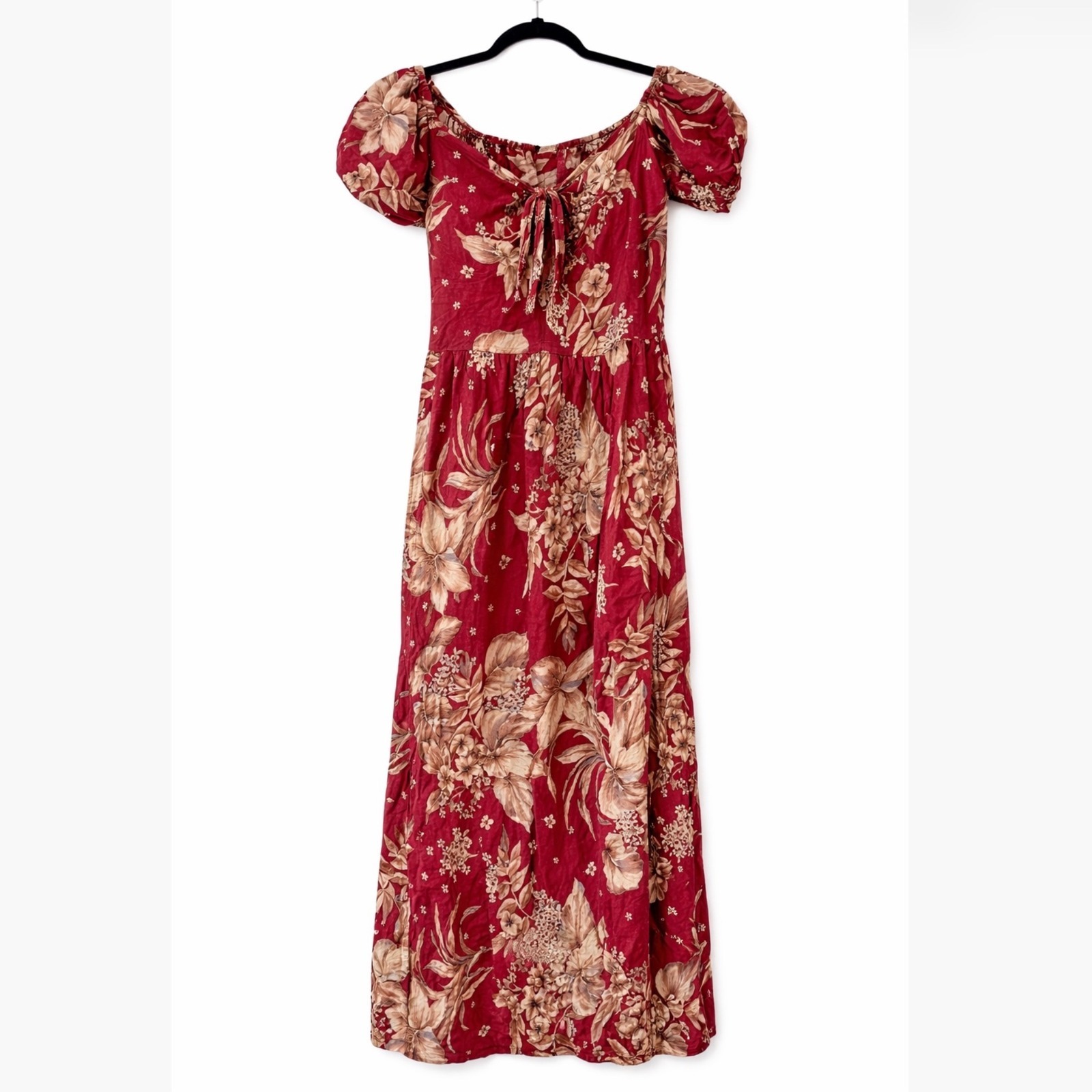 Red Floral Maxi Dress Puff Sleeve Off Shoulder Sweetheart Neckline Cutout Boho